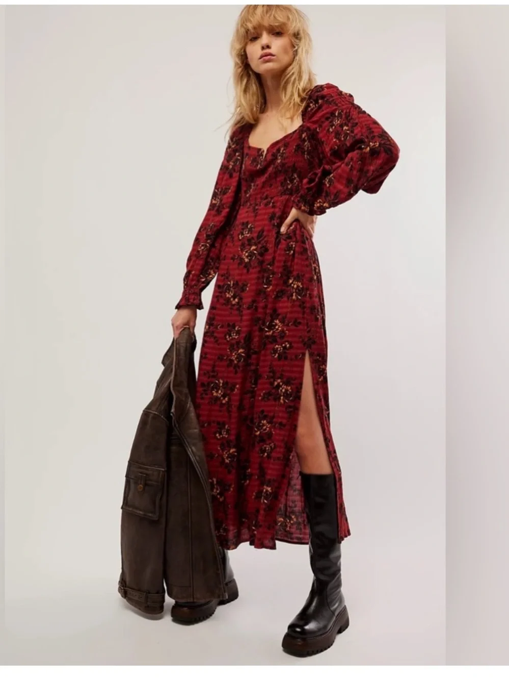 NWT Free People Jaymes Floral Print Square Neck Long Sleeves Midi Dress